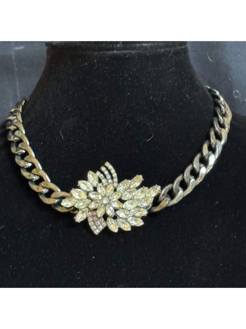 Vintage Black-Tone Chain Link Statement Necklace Clear Rhinestones Chain Length